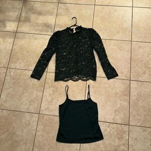 Adiva Elegant Vintage OG Dark Green Lace Long Sleeve Shirt & Camisole